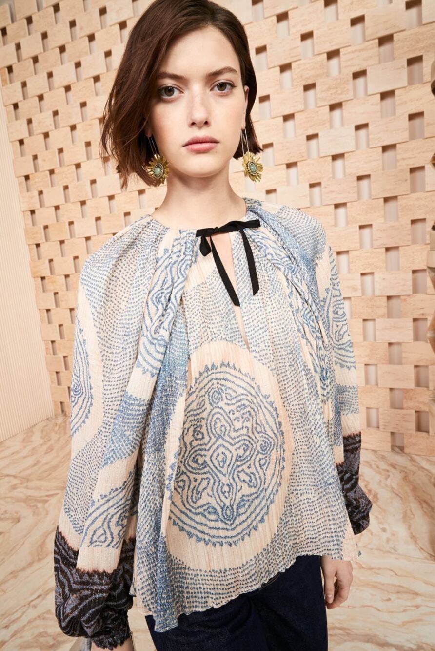 Ulla Johnson Pauline Peasant Blouse Silk Size 2 Cream Shibori Print Drape Sleeve